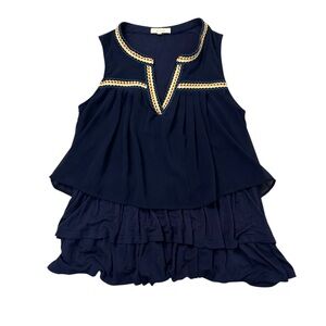 Entro Women’s Navy Blue Tiered Sleeveless Embroidered Boho Top Size Small